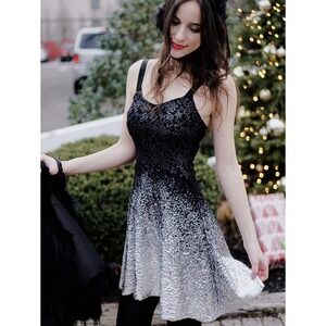 Free People Dress Medium Black Mini Silver Fit Flare Bedazzle Sparkle Boho Ombre